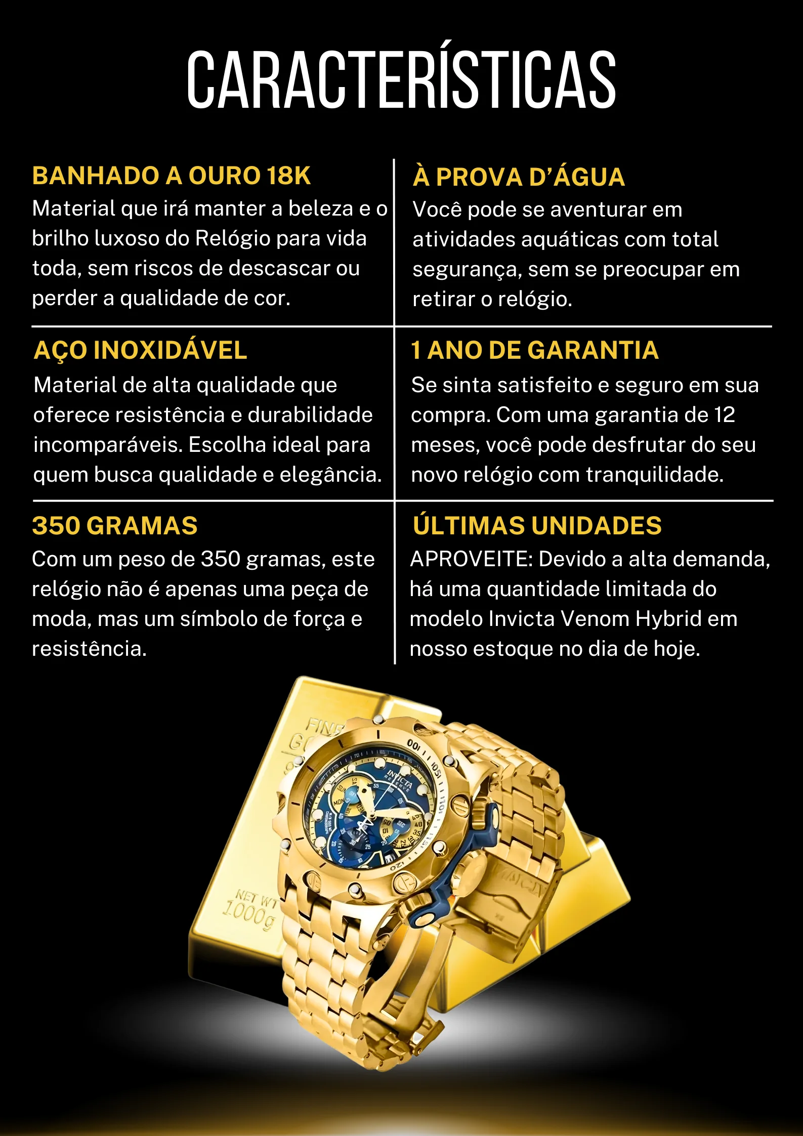 Relógio ORIGINAL Masculino INVICTA Venom Hybrid de Luxo Dourado Banhado a Ouro - Imagem 8