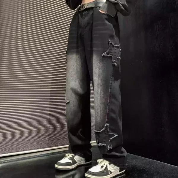 Calça Jeans Masculina Preta com Bordado de Estrelas – Estilo Hip Hop - Imagem 2