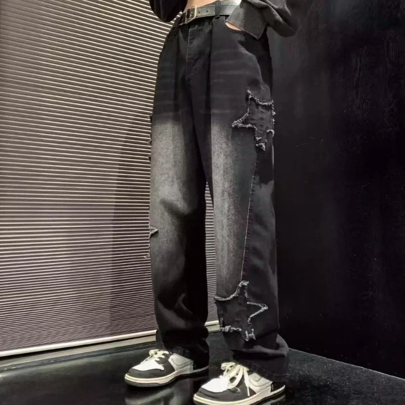 Calça Jeans Masculina Preta com Bordado de Estrelas – Estilo Hip Hop - Imagem 2