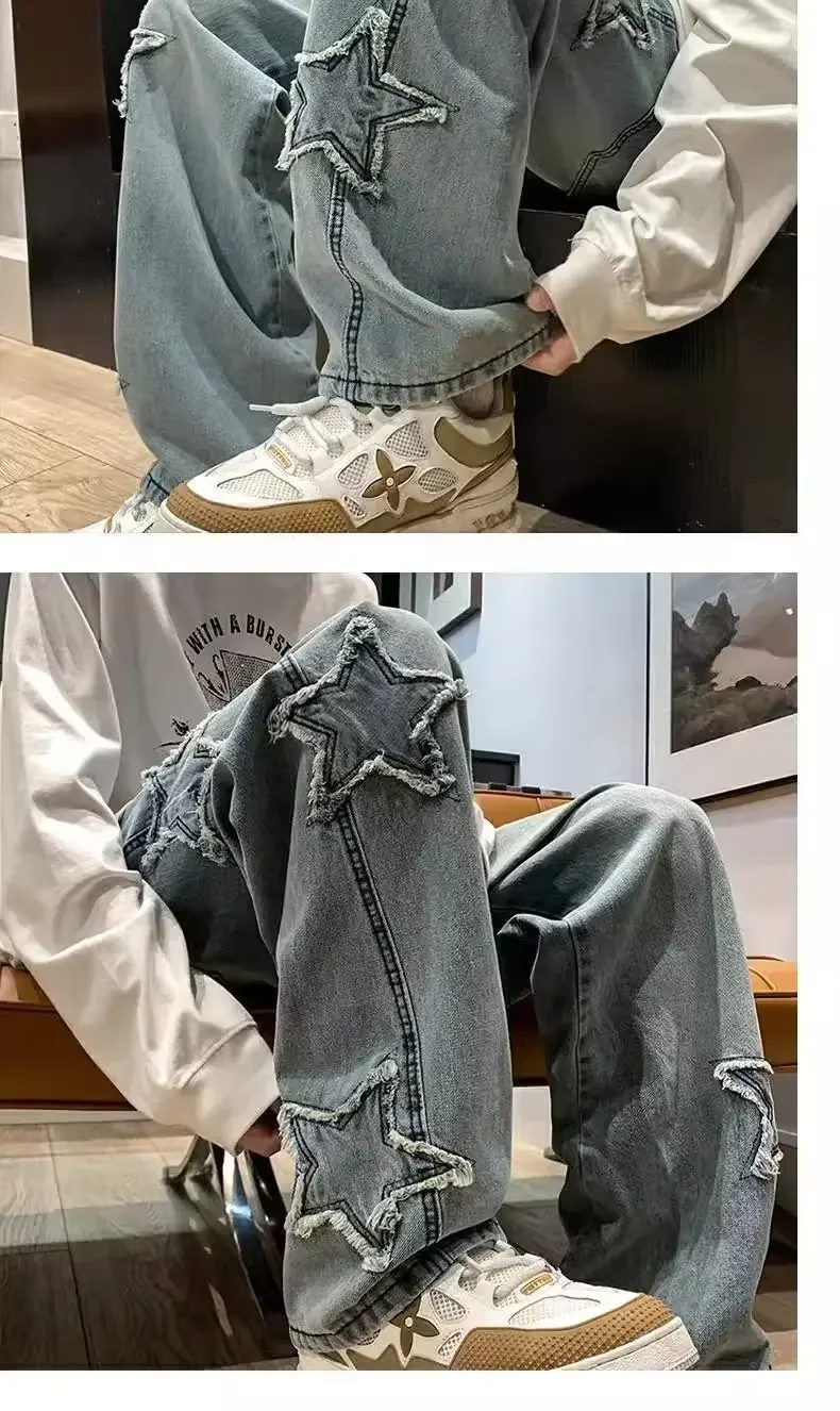 Calça Jeans Masculina Preta com Bordado de Estrelas – Estilo Hip Hop - Imagem 17