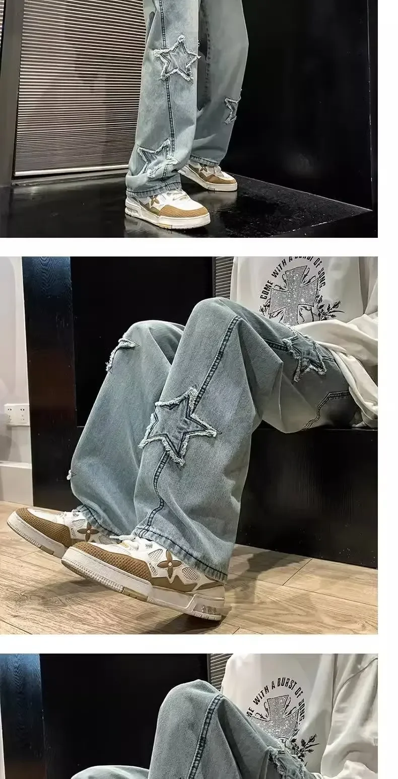 Calça Jeans Masculina Preta com Bordado de Estrelas – Estilo Hip Hop - Imagem 16