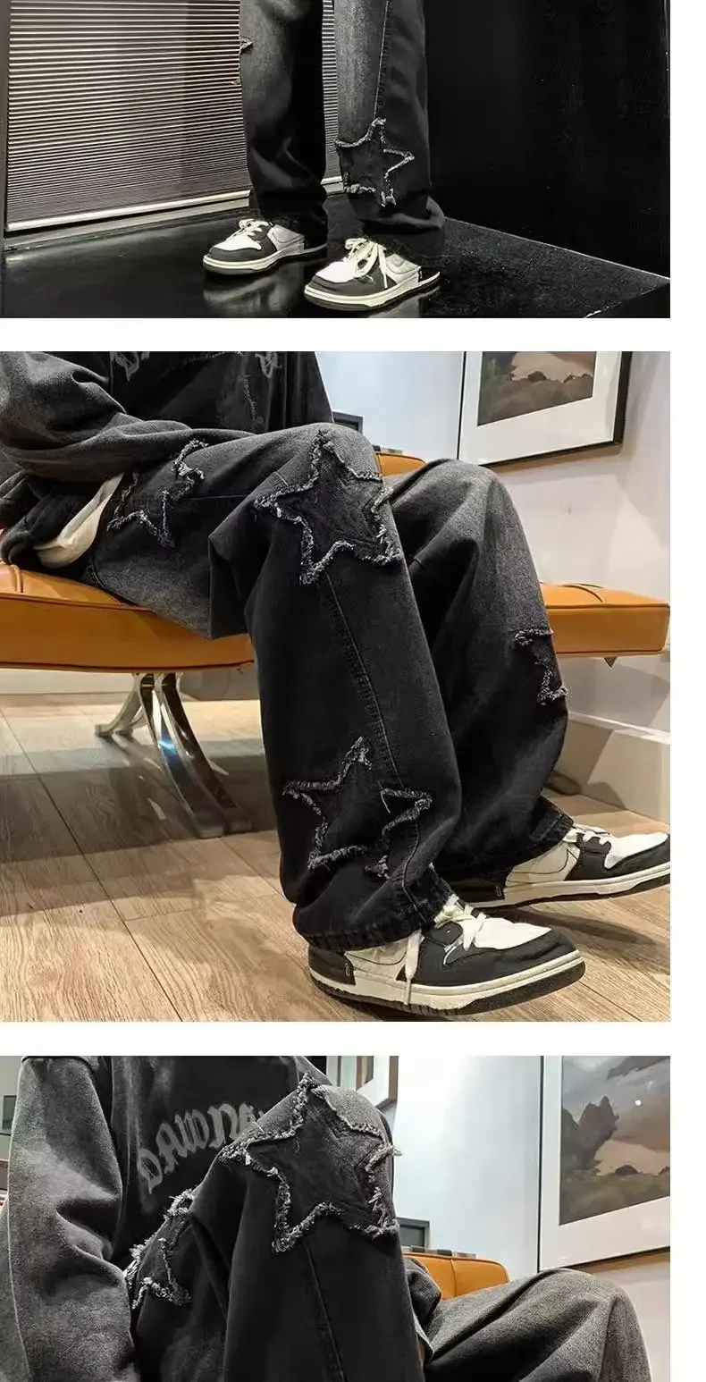 Calça Jeans Masculina Preta com Bordado de Estrelas – Estilo Hip Hop - Imagem 12