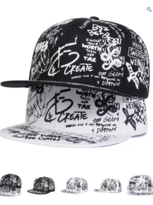 Boné Unissex Preto e Branco com Estampa Graffiti – Estilo Hip Hop
