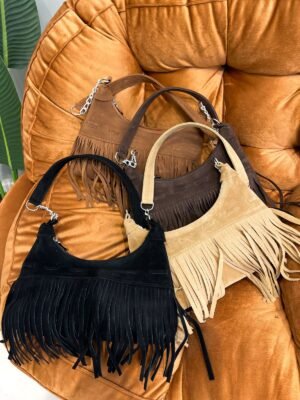 Bolsa Feminina Meia Lua em Camurça com Franjas Ref. 1457
