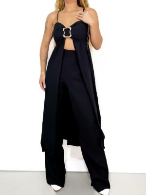 Conjunto Feminino em Alfaiataria Pantalona e Bata Alongada com Fivela Mayra Ref.
