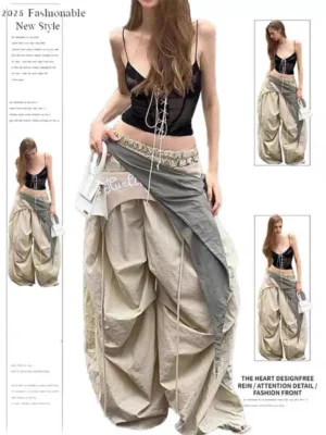 Calça Feminina Goblin Core Y2K Paraquedas | Wide Leg Harajuku Streetwear 2026