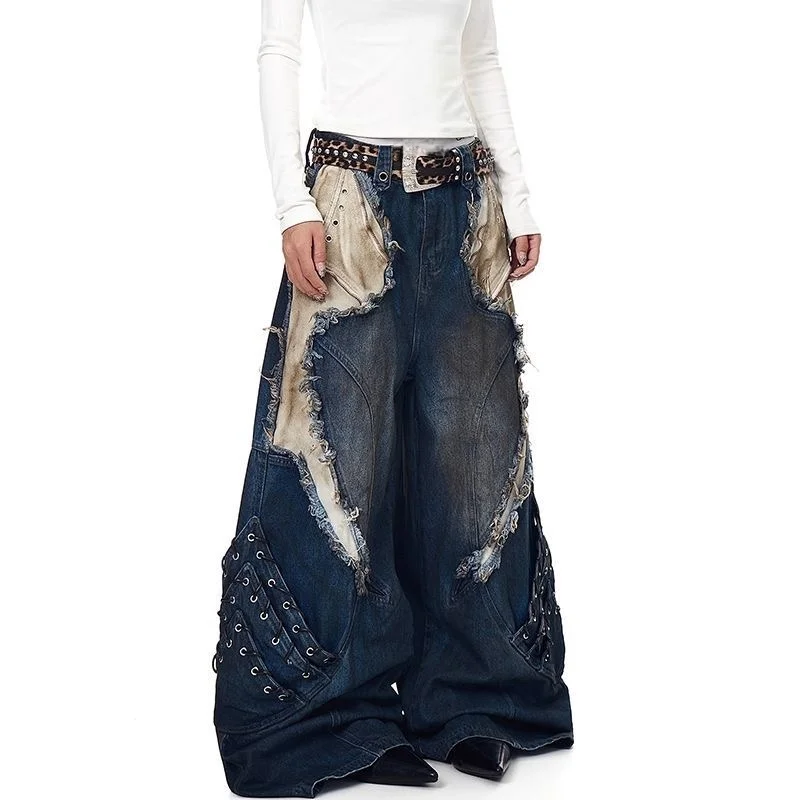 2025 americano retro y2k estilo sujo lavado retalhos baggy calças jeans rasgadas - Imagem 8