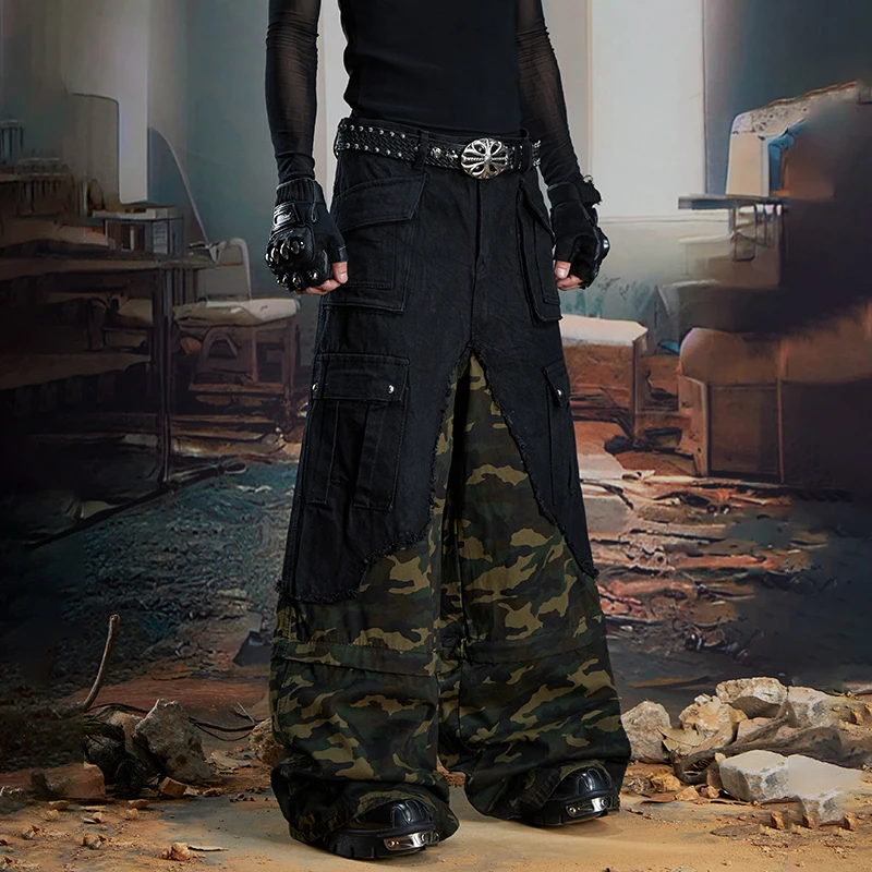 Calça Jeans Luzhen Original Premium Unissex com Patchwork Camuflado | Streetwear Exclusiva - Imagem 2
