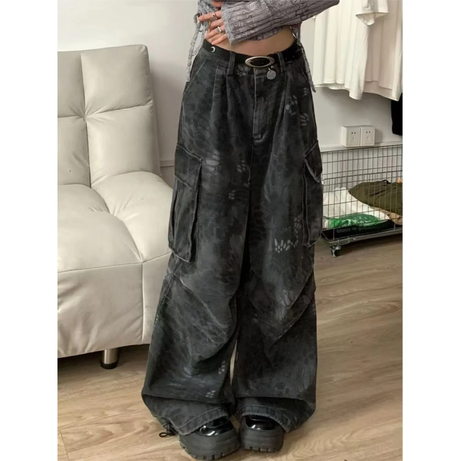 Calça Jeans Feminina Americana Snake Pattern | Wide Leg Streetwear Moda Hip Hop 2026 - Imagem 3