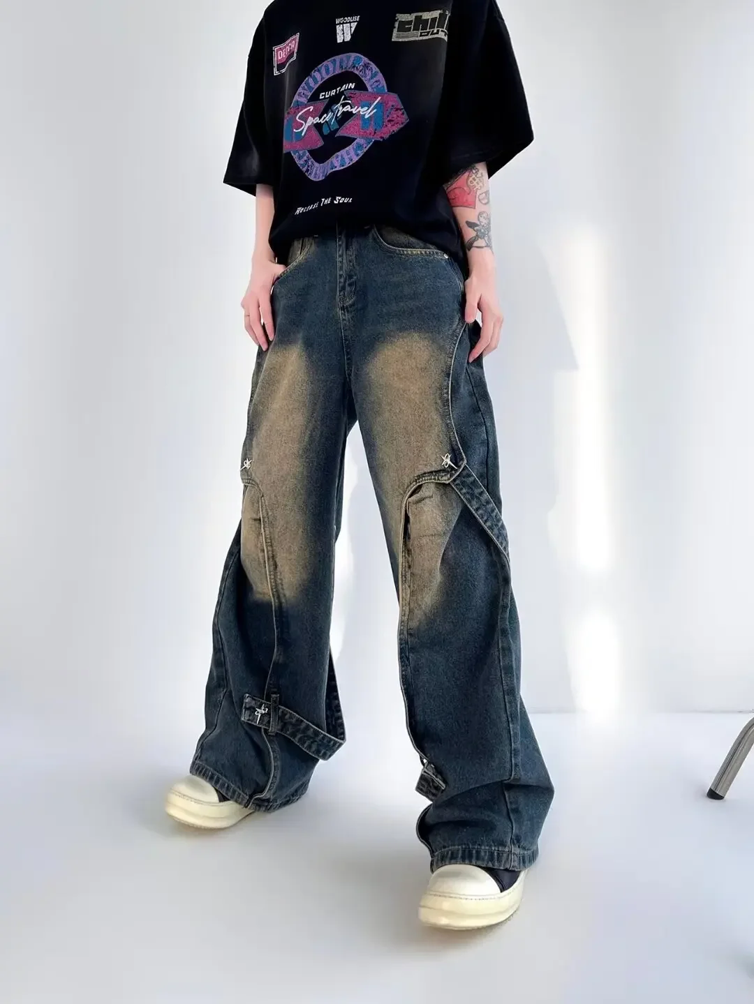 Calça Jeans Masculina Baggy Streetwear Americana | Patchwork Lavado High Street - Imagem 6
