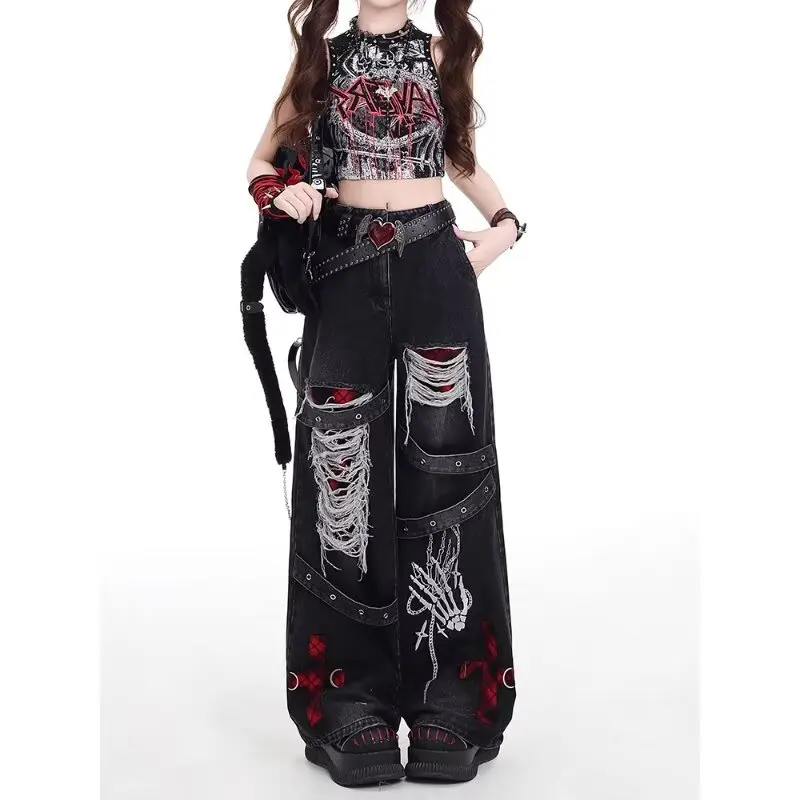 Calça Jeans Feminina Americana Retrô Destroyed | Wide Leg Streetwear Moda K-POP 2026 - Imagem 4