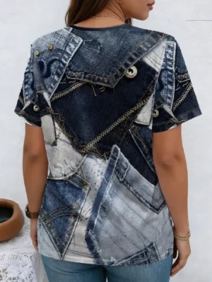 Camiseta Feminina Streetwear Estampa Jeans | Gola V Manga Curta Casual Premium | LANÇAMENTO