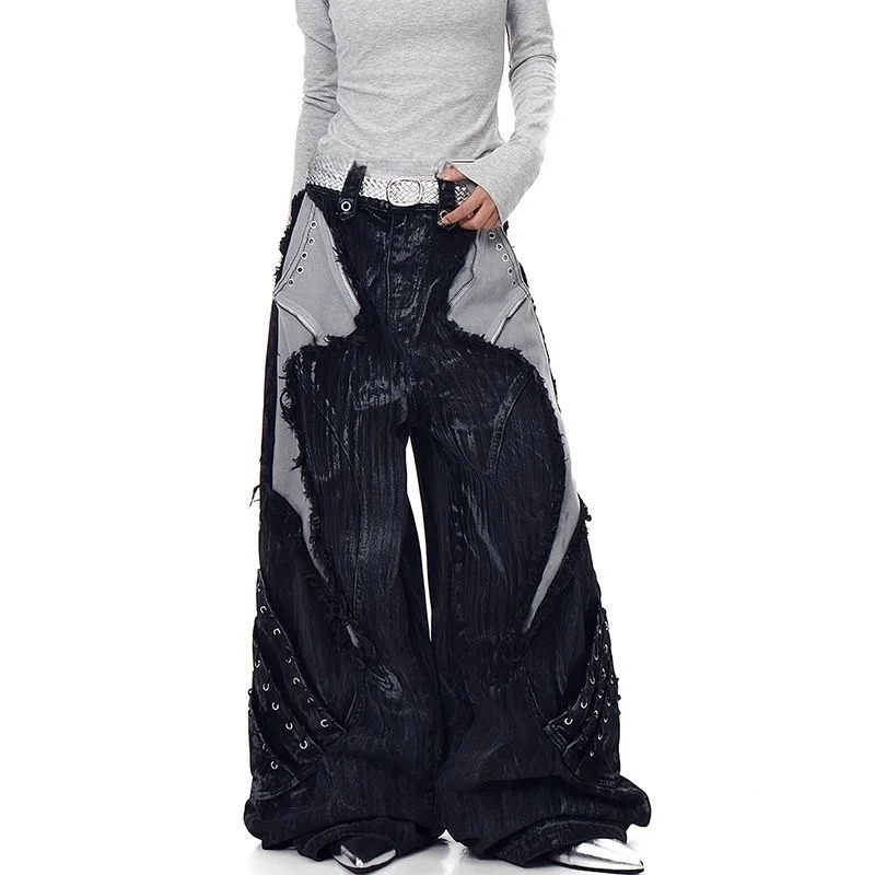 2025 americano retro y2k estilo sujo lavado retalhos baggy calças jeans rasgadas - Imagem 11