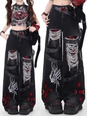 Calça Jeans Feminina Americana Retrô Destroyed | Wide Leg Streetwear Moda K-POP 2026