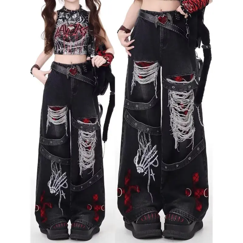 Calça Jeans Feminina Americana Retrô Destroyed | Wide Leg Streetwear Moda K-POP 2026