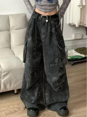 Calça Jeans Feminina Americana Snake Pattern | Wide Leg Streetwear Moda Hip Hop 2026
