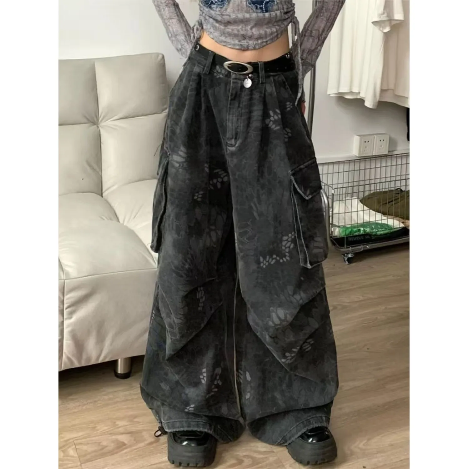 Calça Jeans Feminina Americana Snake Pattern | Wide Leg Streetwear Moda Hip Hop 2026
