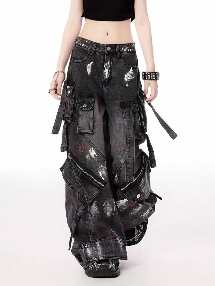 Calça Jeans Y2K Preta Lavada | Wide Leg Oversized Hip Hop Streetwear 2026 - Imagem 2