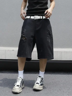Bermudão Jeans Masculino Baggy Streetwear | Jeans Destroyed Oversized com Elasticidade