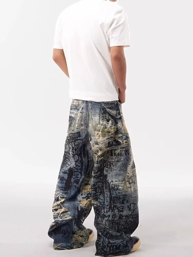 Calça Jeans Masculina Vintage Grafite 3D Destroyed | Wide Leg Streetwear Baggy 2026 - Imagem 5