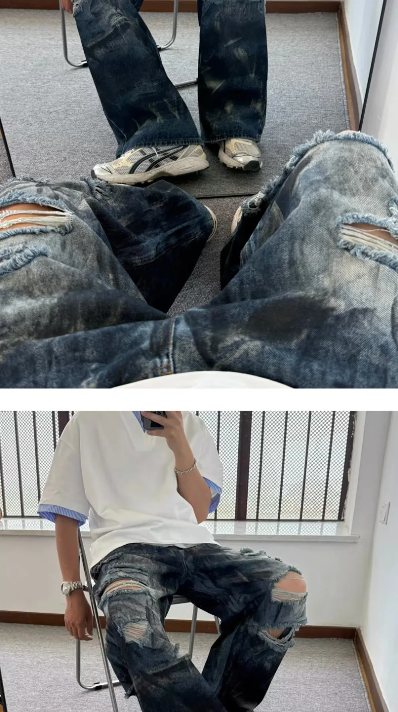 Calça Jeans Masculina Baggy Destroyed | Streetwear Americana Wide Leg Rasgada - Imagem 8