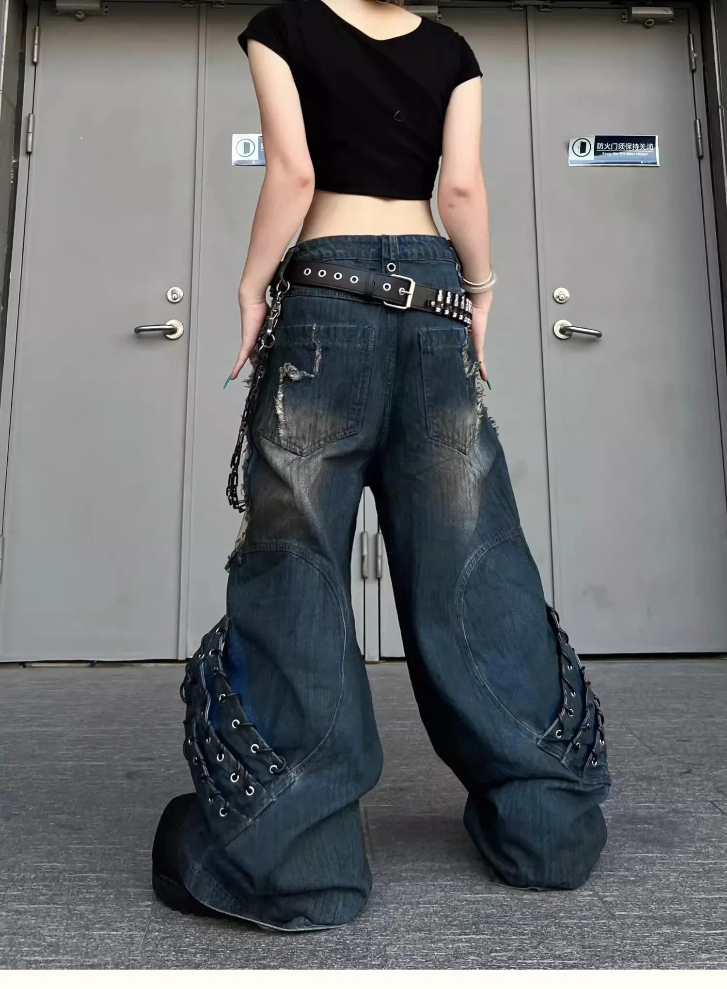 Calça Jeans Feminina Streetwear Vintage Patchwork Tie Dye | Wide Leg Hip Hop Moda Urbana 2026 - Imagem 6