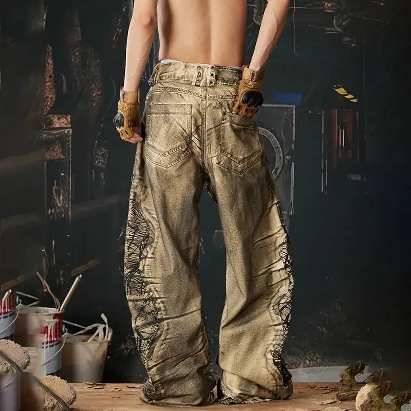Calça Jeans Luzhen Original Premium Unissex, Patchwork e Lavagem Exclusiva | Wide Fit Streetwear - Imagem 3