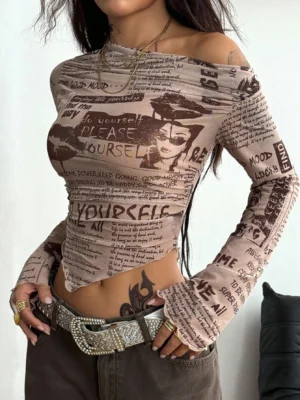 Blusa Feminina de Estilo Retro para Primavera/Verão com Decote Assimétrico e Est