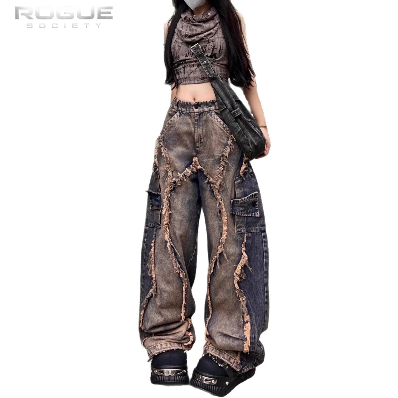 Calças Jeans Desconstruídas Y2K Grunge Unissex com Patches, Lavadas, de Perna La - Imagem 5