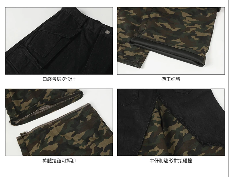 Calça Jeans Luzhen Original Premium Unissex com Patchwork Camuflado | Streetwear Exclusiva - Imagem 5