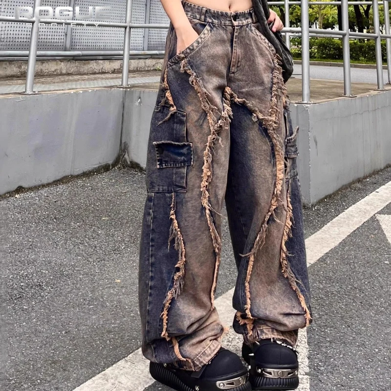 Calças Jeans Desconstruídas Y2K Grunge Unissex com Patches, Lavadas, de Perna La - Imagem 3
