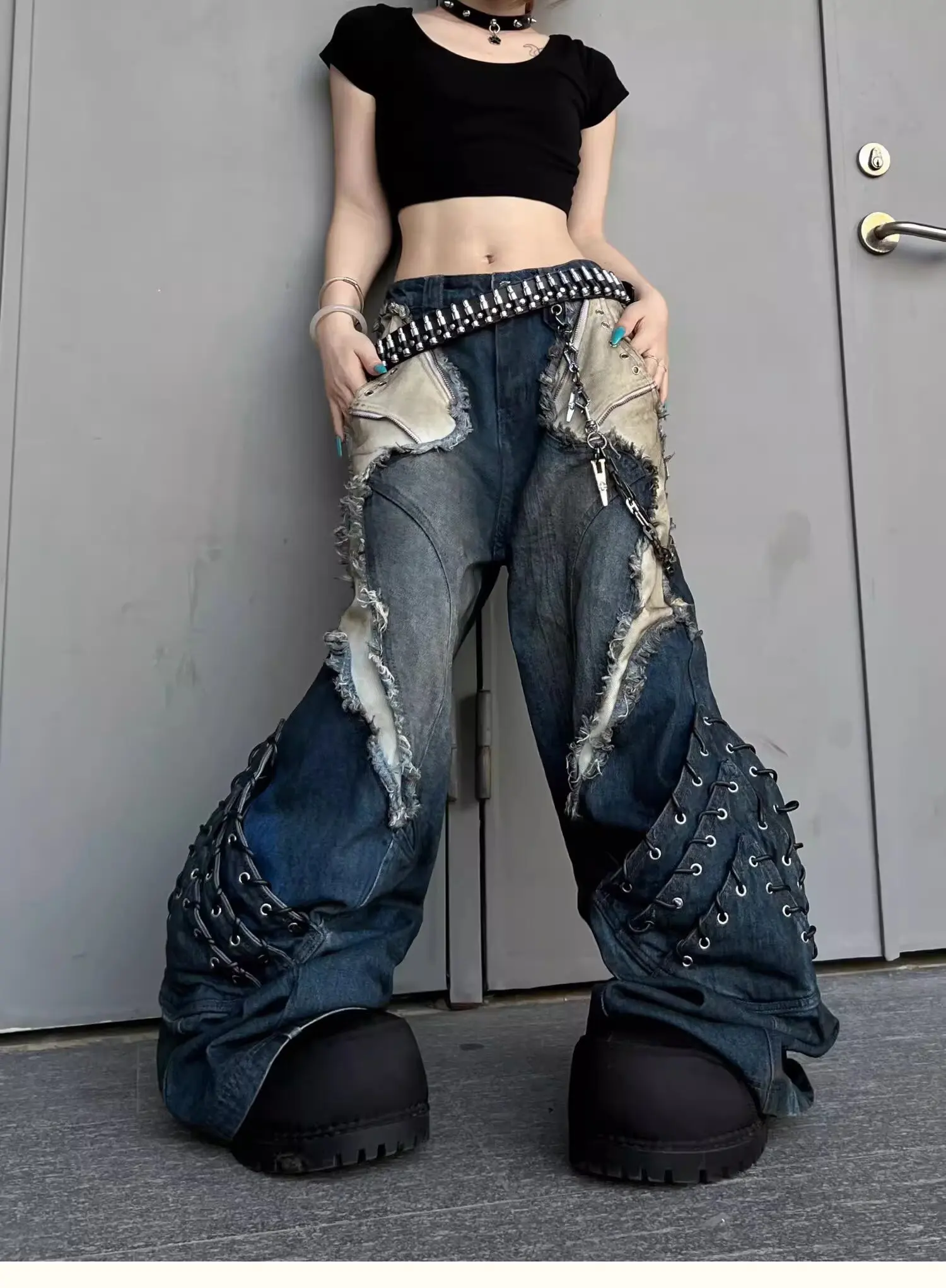 Calça Jeans Feminina Streetwear Vintage Patchwork Tie Dye | Wide Leg Hip Hop Moda Urbana 2026 - Imagem 11
