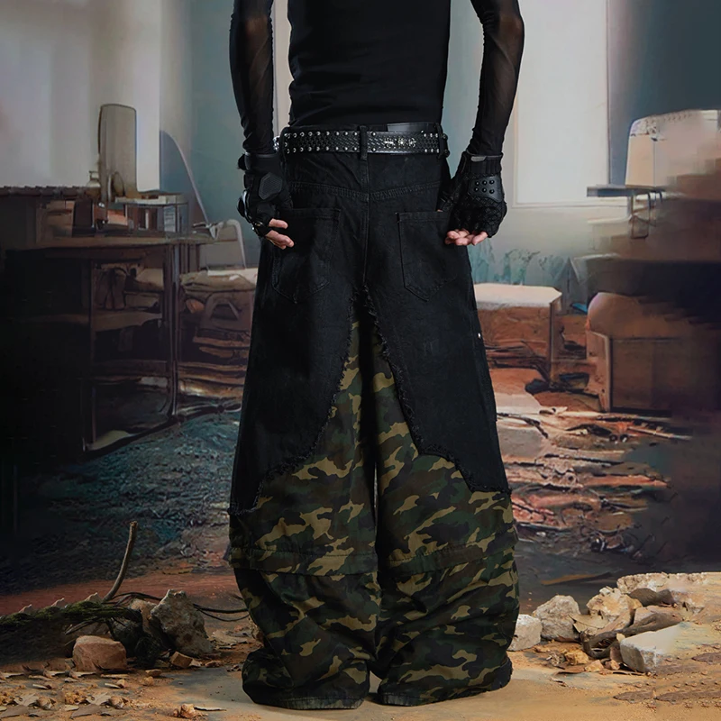 Calça Jeans Luzhen Original Premium Unissex com Patchwork Camuflado | Streetwear Exclusiva - Imagem 4