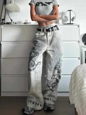 Calça Jeans Feminina Baggy Y2K Branca | Wide Leg Streetwear Moda Hip Hop 2026