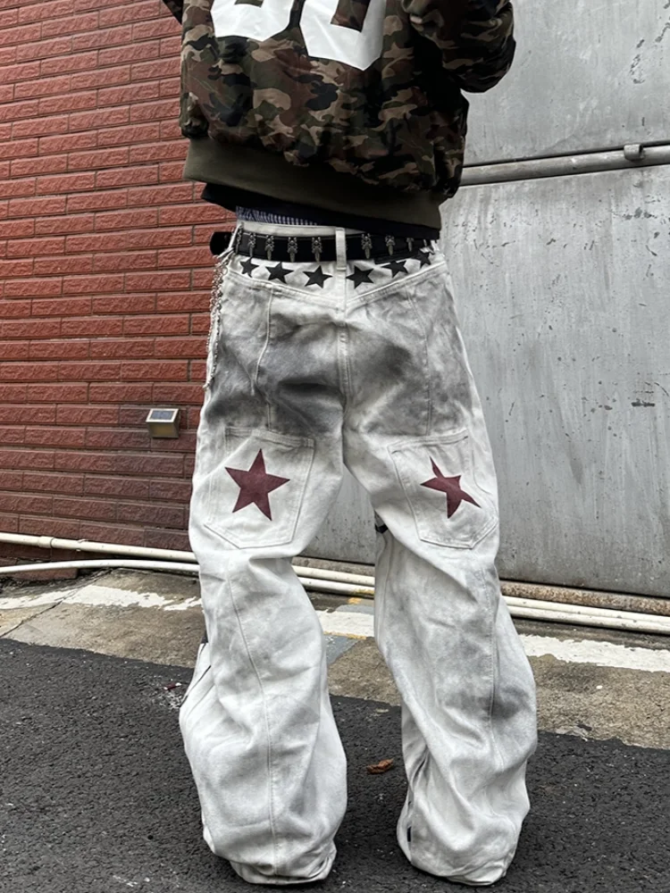 Calça Jeans Masculina Baggy Branca | Streetwear Americana com Estampa de Estrelas - Imagem 2