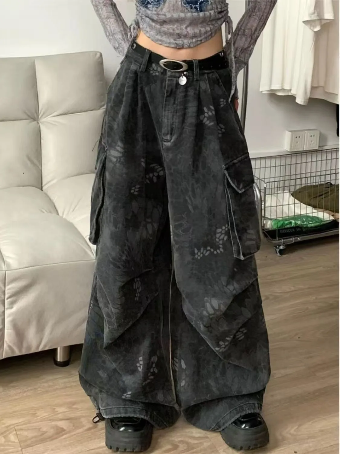 Calça Jeans Feminina Americana Snake Pattern | Wide Leg Streetwear Moda Hip Hop 2026 - Imagem 6
