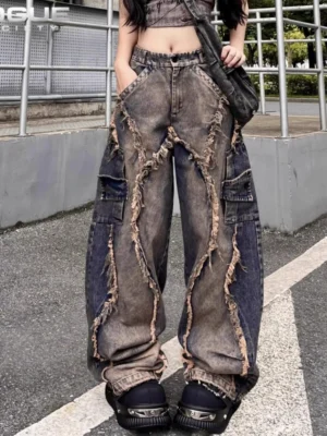 Calças Jeans Desconstruídas Y2K Grunge Unissex com Patches, Lavadas, de Perna La