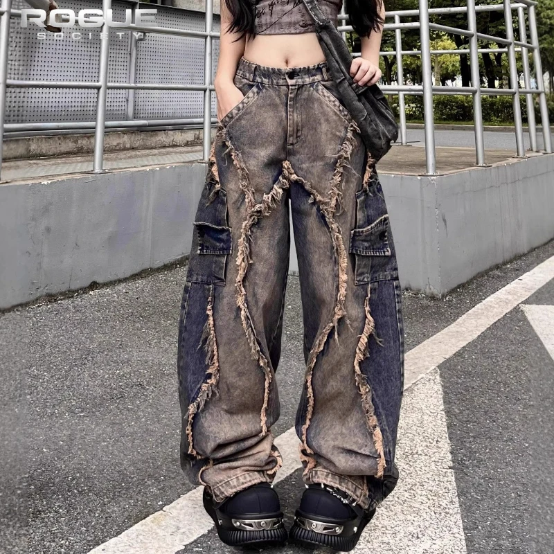 Calças Jeans Desconstruídas Y2K Grunge Unissex com Patches, Lavadas, de Perna La