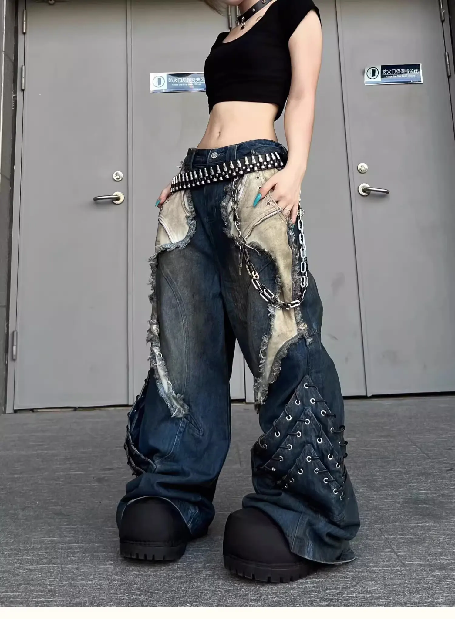 Calça Jeans Feminina Streetwear Vintage Patchwork Tie Dye | Wide Leg Hip Hop Moda Urbana 2026 - Imagem 12