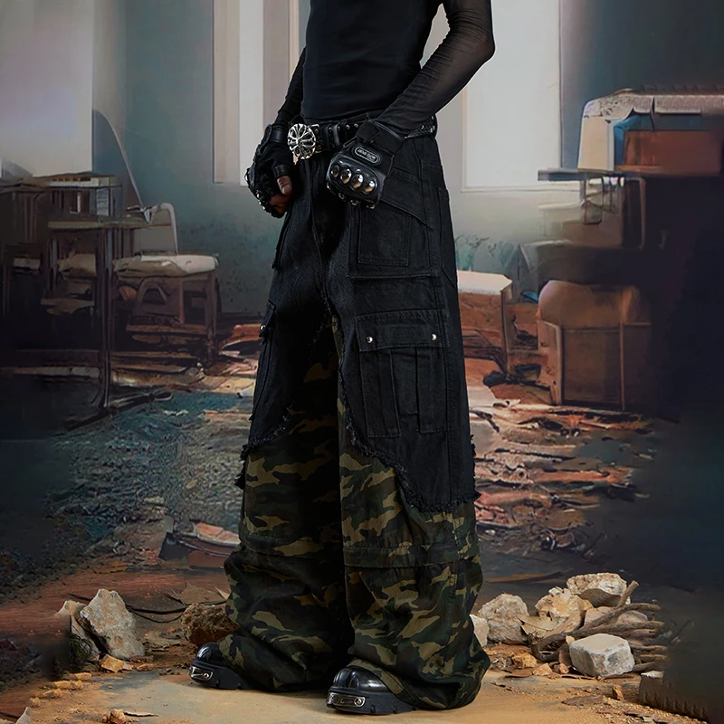 Calça Jeans Luzhen Original Premium Unissex com Patchwork Camuflado | Streetwear Exclusiva - Imagem 3