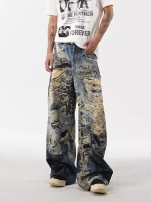 Calça Jeans Masculina Vintage Grafite 3D Destroyed | Wide Leg Streetwear Baggy 2026