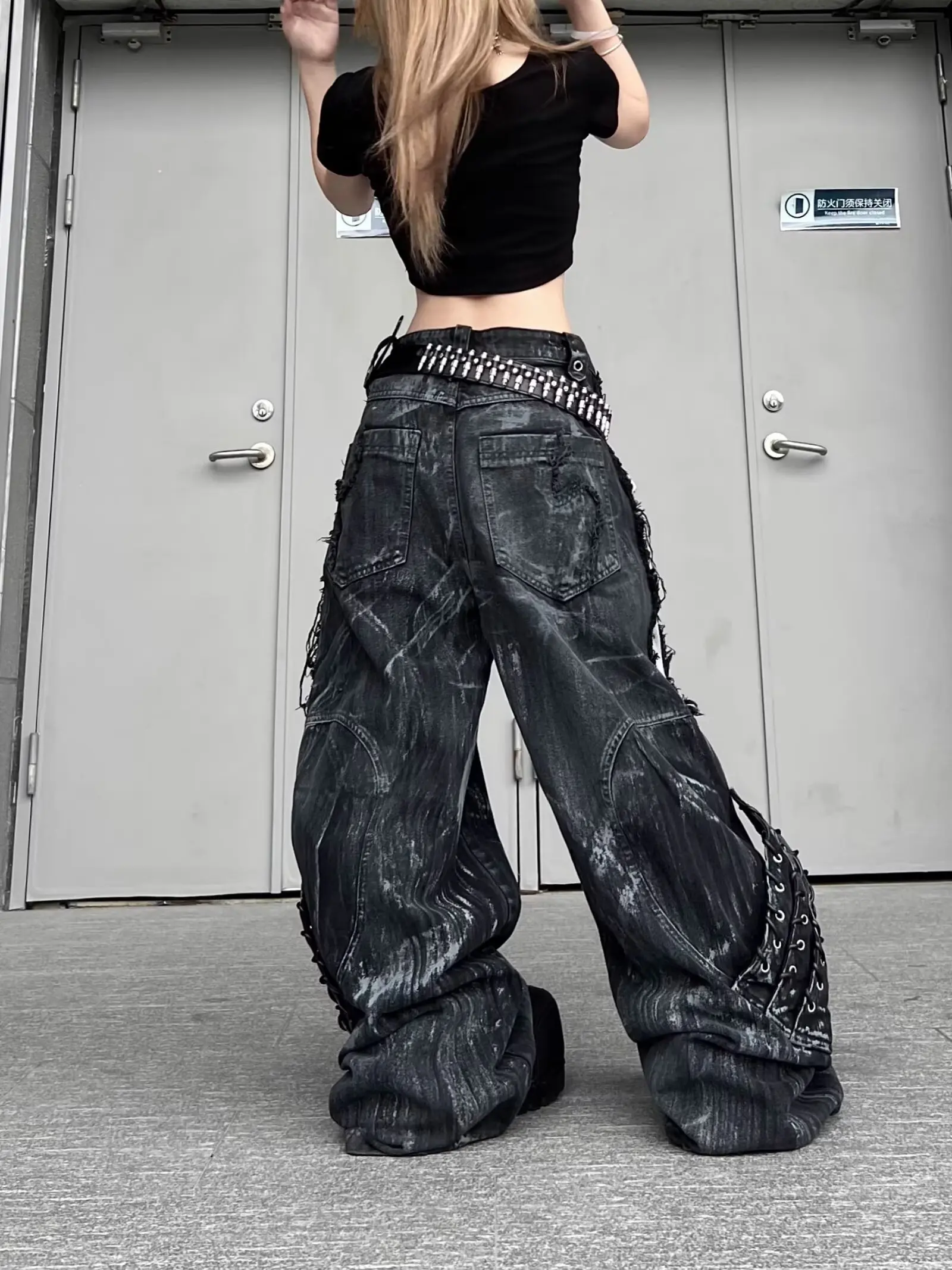 Calça Jeans Feminina Streetwear Vintage Patchwork Tie Dye | Wide Leg Hip Hop Moda Urbana 2026 - Imagem 5