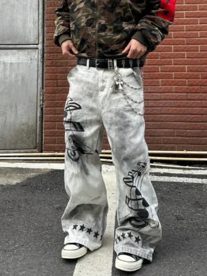 Calça Jeans Masculina Baggy Branca | Streetwear Americana com Estampa de Estrelas