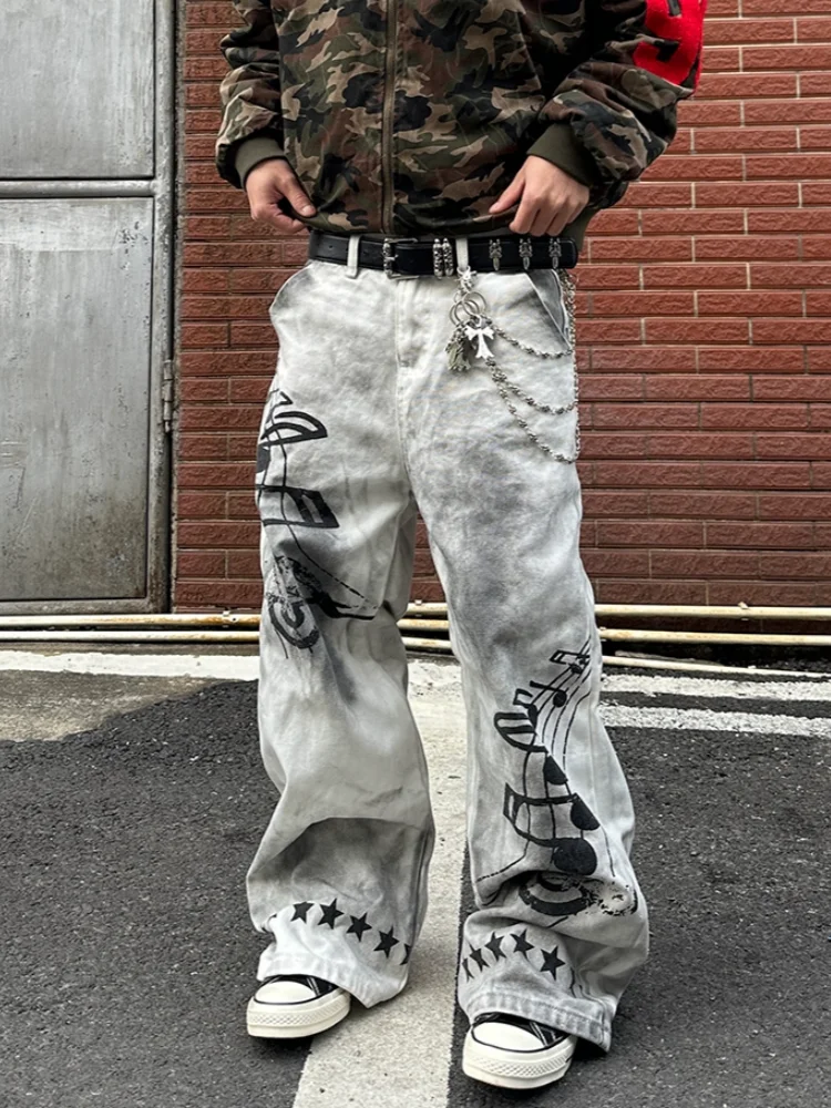 Calça Jeans Masculina Baggy Branca | Streetwear Americana com Estampa de Estrelas