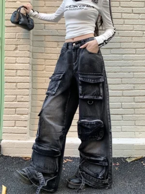 Calça Jeans Feminina Cargo Baggy | Wide Leg Multi Bolsos | LANÇAMENTO