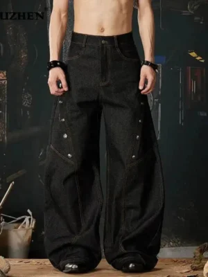 Calça Jeans Luzhen Original Premium Unissex com Patchwork e Botões Decorativos | Corte Reto Solto