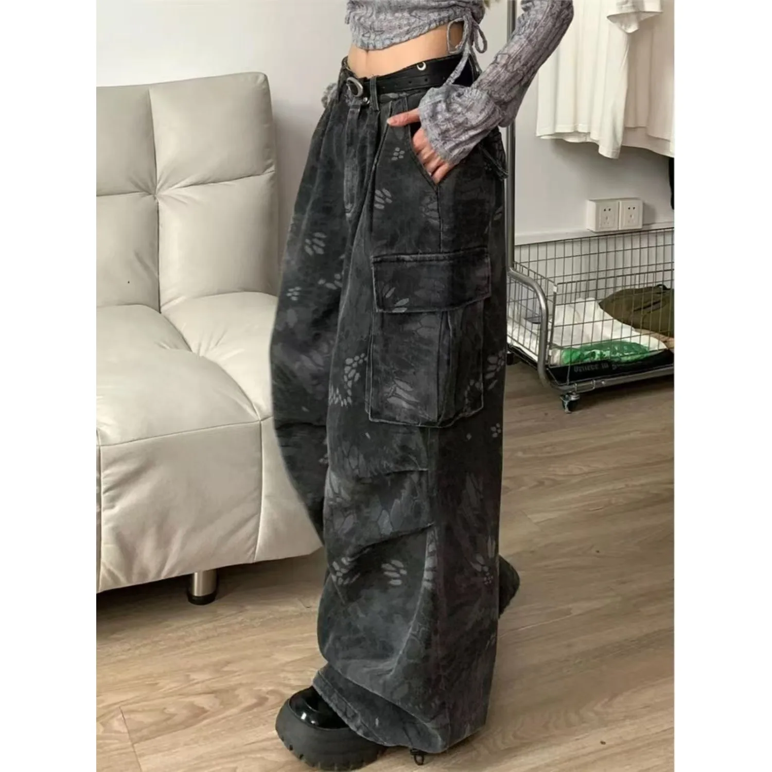 Calça Jeans Feminina Americana Snake Pattern | Wide Leg Streetwear Moda Hip Hop 2026 - Imagem 4