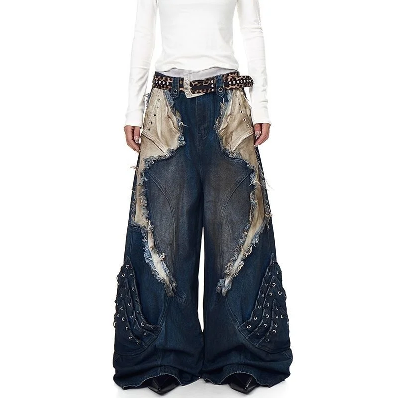 2025 americano retro y2k estilo sujo lavado retalhos baggy calças jeans rasgadas - Imagem 2