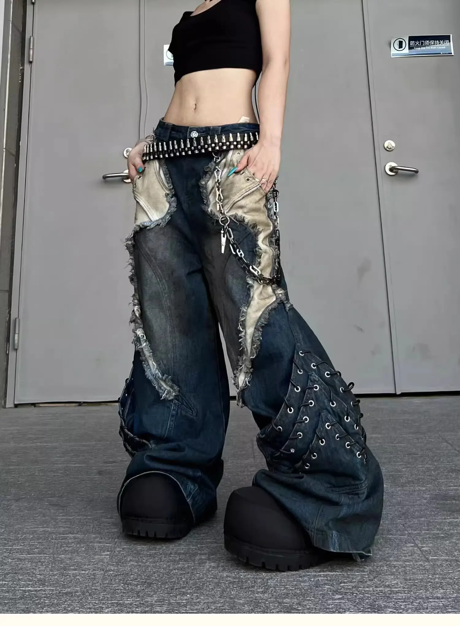 Calça Jeans Feminina Streetwear Vintage Patchwork Tie Dye | Wide Leg Hip Hop Moda Urbana 2026 - Imagem 13