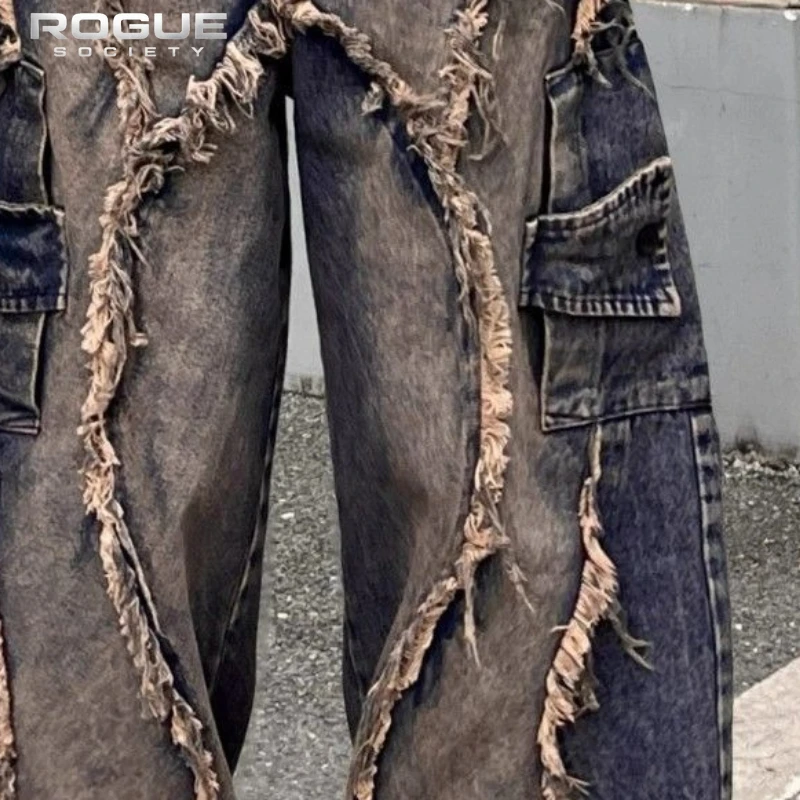 Calças Jeans Desconstruídas Y2K Grunge Unissex com Patches, Lavadas, de Perna La - Imagem 6